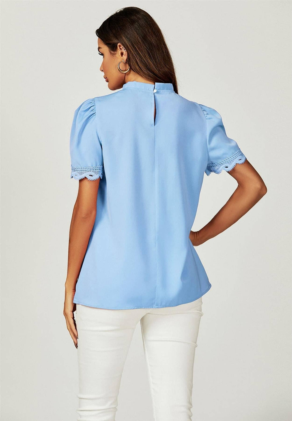 Lace Trim Short Sleeve High Neck Blouse Top In Light Blue: Light Blue / M