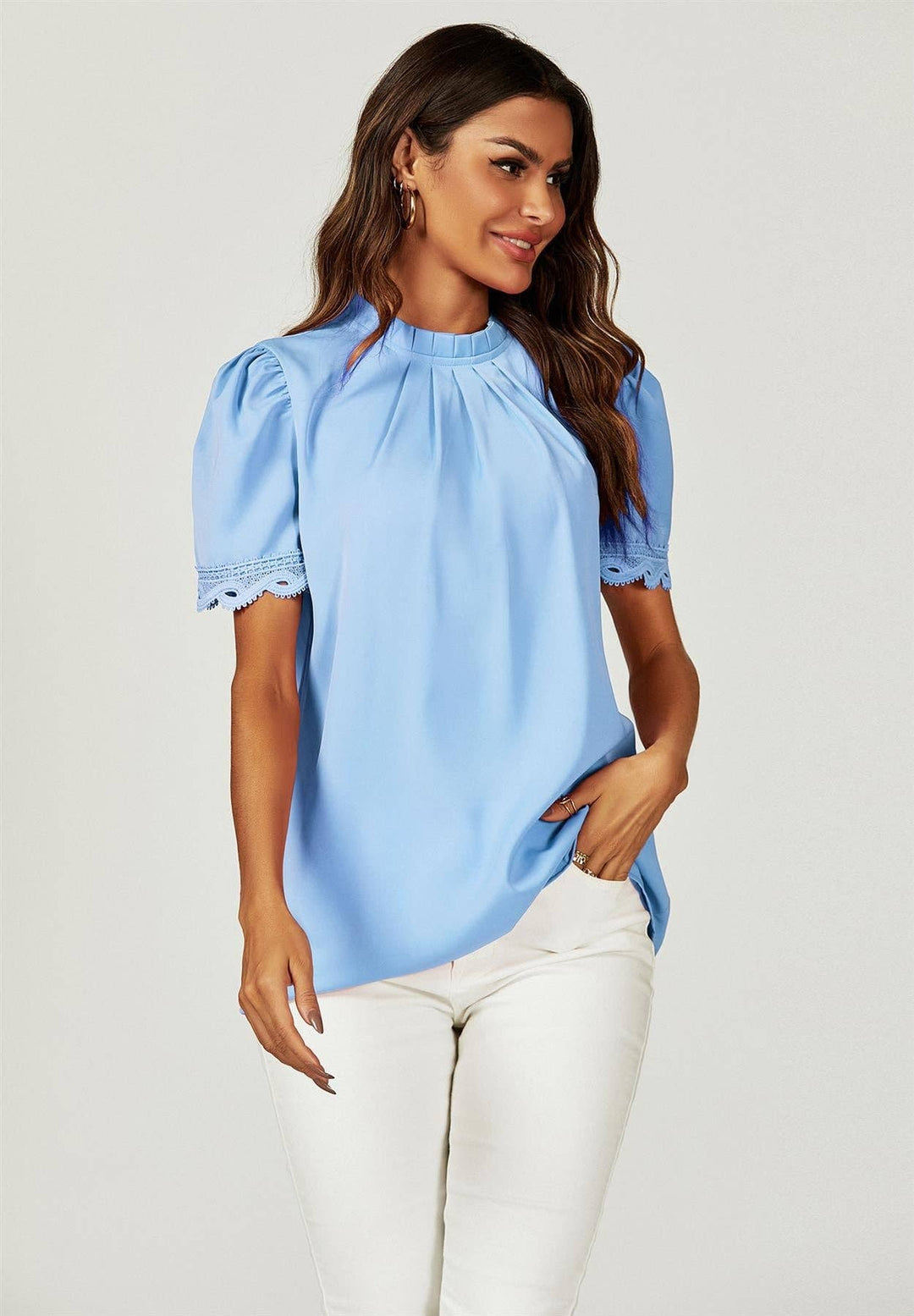 Lace Trim Short Sleeve High Neck Blouse Top In Light Blue: Light Blue / L