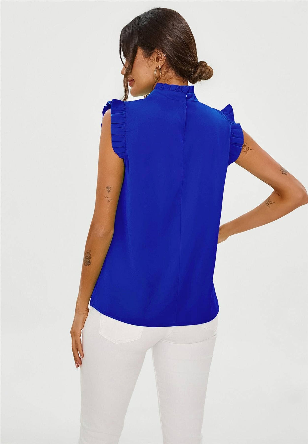 Frill Trim Sleeve High Neck Blouse Top In Royal Blue: Royal Blue / M