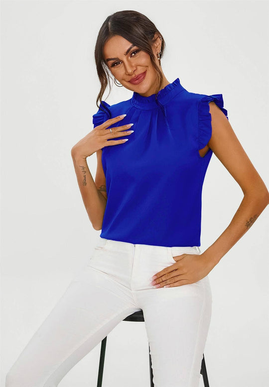 Frill Trim Sleeve High Neck Blouse Top In Royal Blue: Royal Blue / M